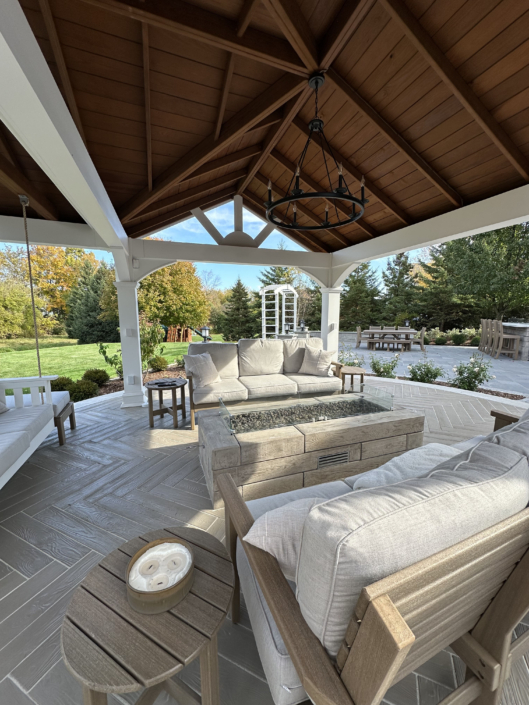 Pewaukee Nightscape Patio & Fireside Retreat with Stunning Pavilion After Hardscape Renovation